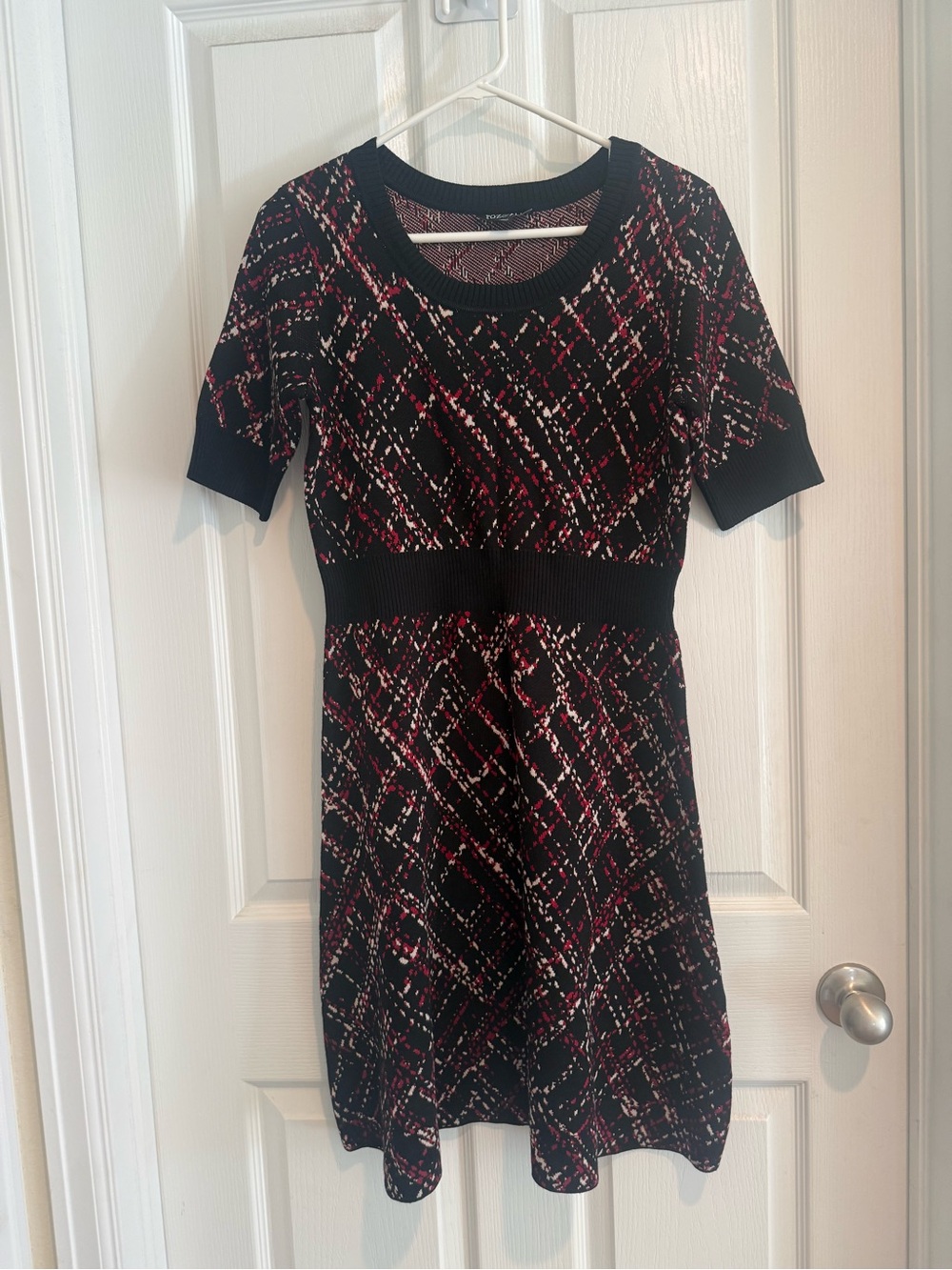Women’s Black Knit Fit-and-Flare Dress with Red and White Plaid
